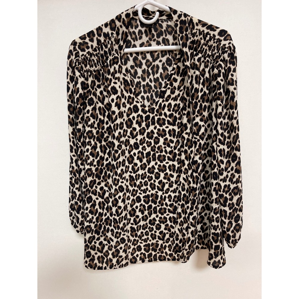 Leopard Print V-Neck Blouse with Smocked Shoulders and Long Sleeves
